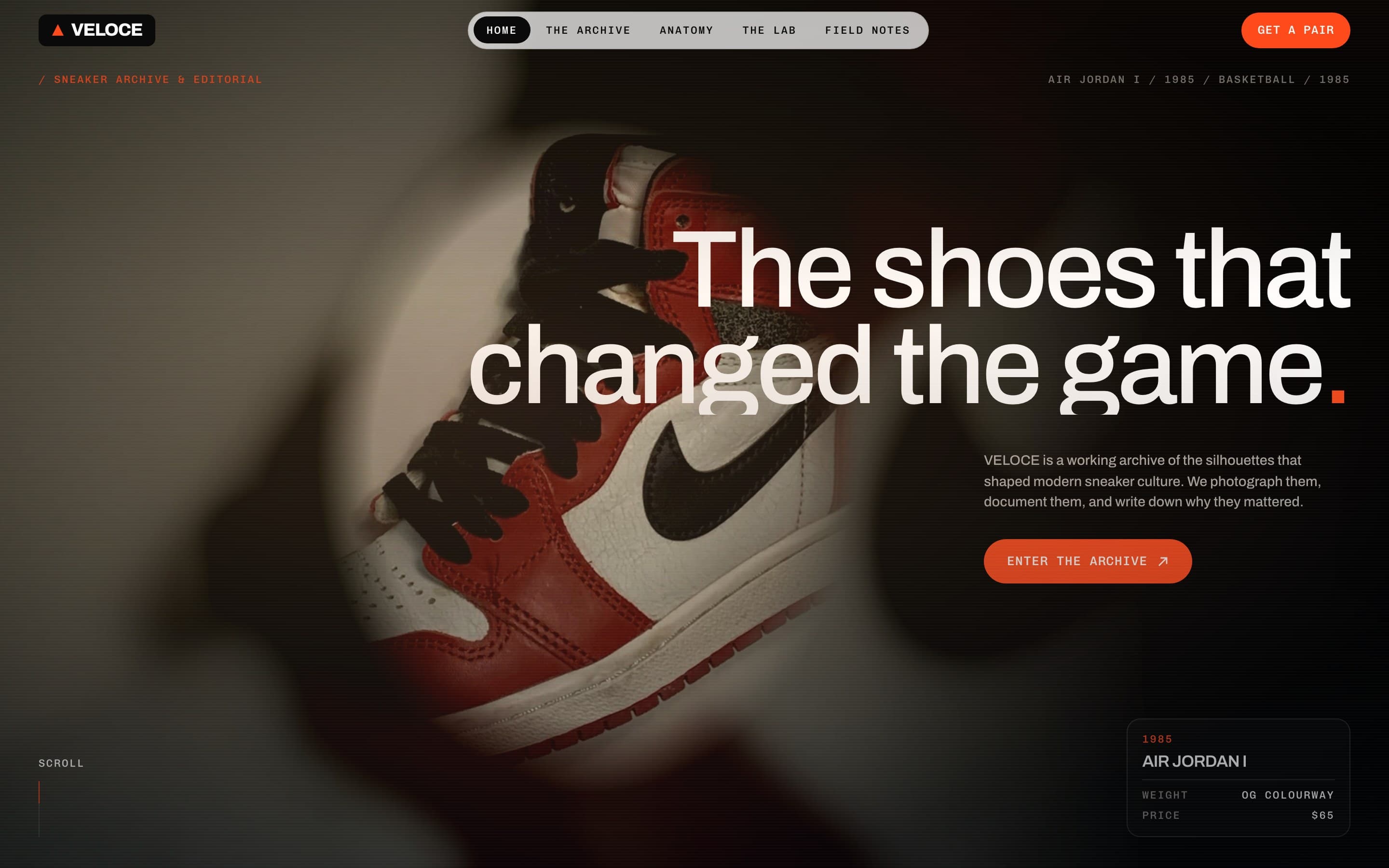 The Veloce home page: editorial commerce